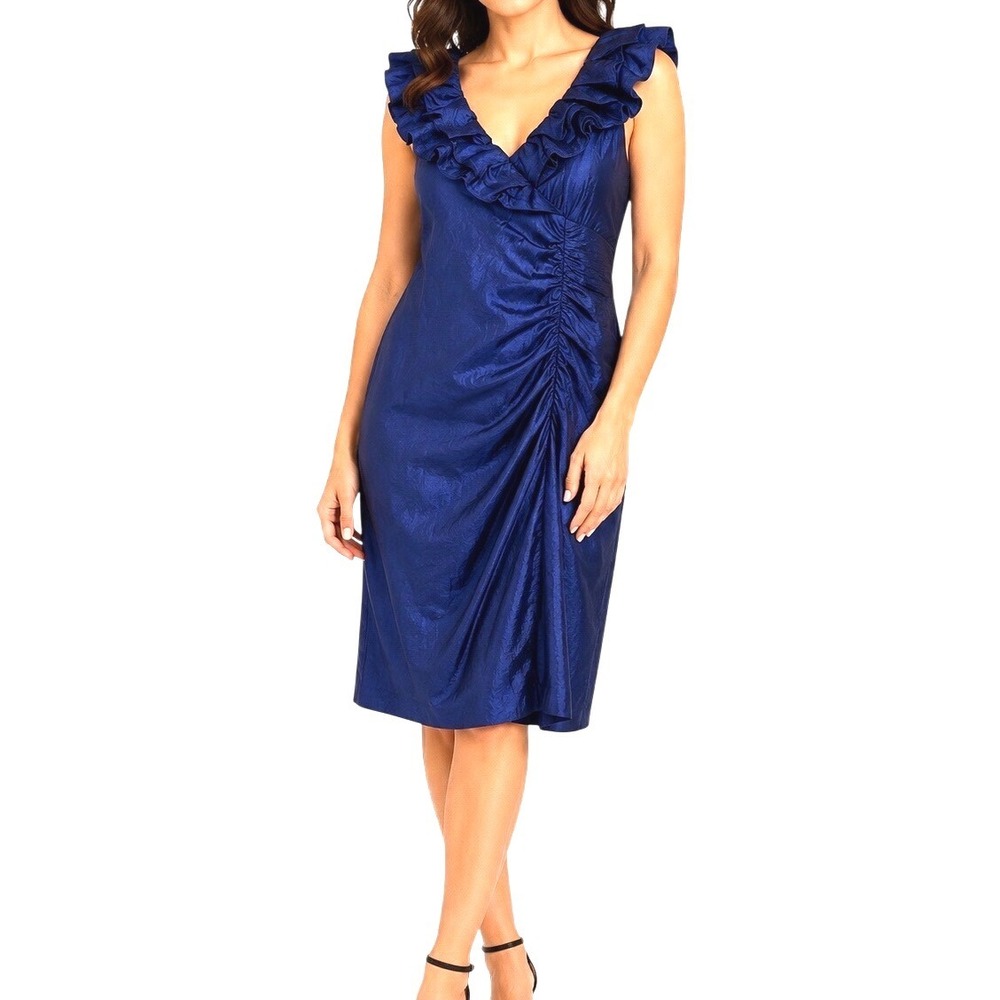 Adrianna Papell Women‎ Blue Sheath 10 Ruffle Neck Ruched Cocktail Dress Evening
